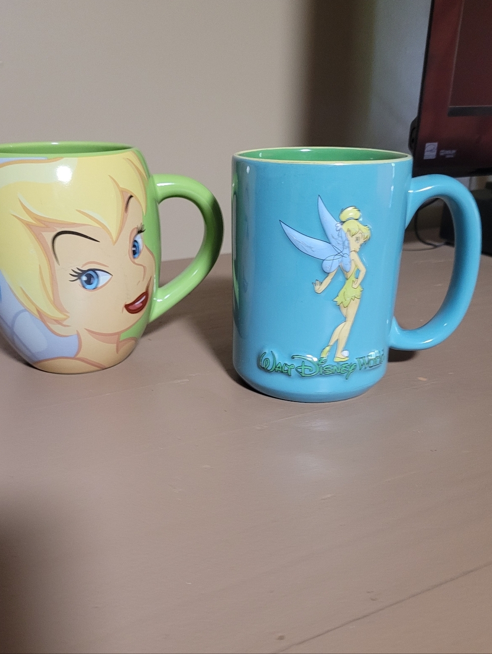 Disney Blue Tinker Bell Ceramic Mug with Green Interior X 2